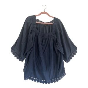 Zac & Rachel Woman 2X Navy Blue Lace Trimmed Square Neck Peasant Blouse